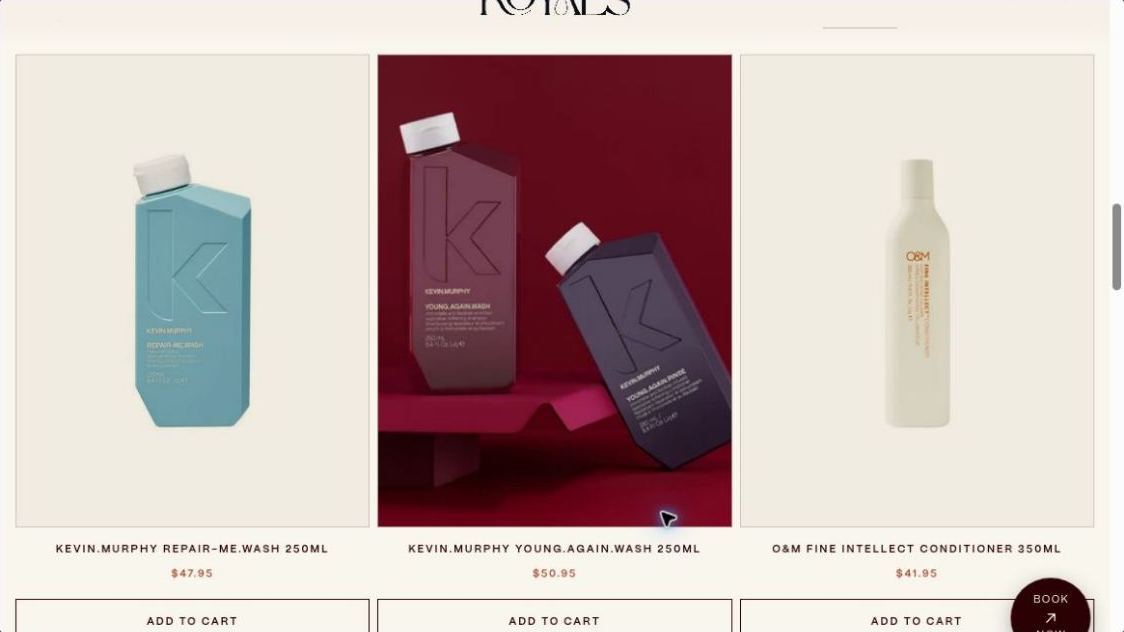 Royals Favourites hair-care product cards on the live Shopify website.